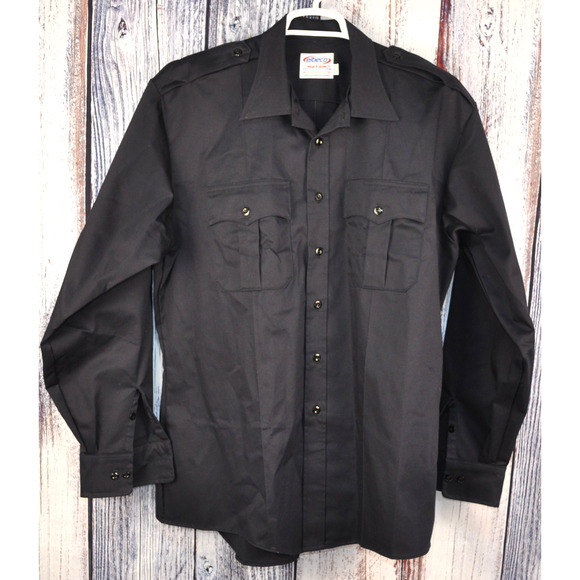 Elbeco 17.5-37 Long Sleeve Black Men's Shirt Uniform Poly Blend MADE IN USA NWOT - Picture 1 of 6